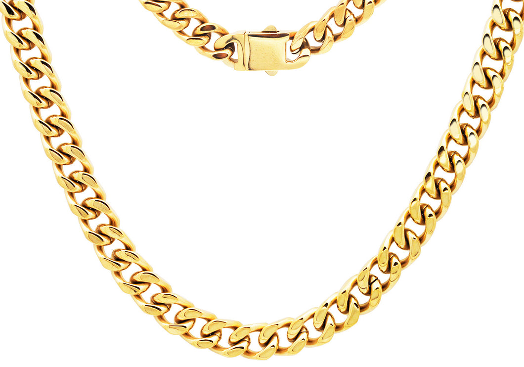 Mens 10mm Gold Plated Stainless Steel Cuban Link Chain Necklace