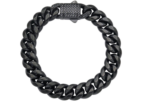 Men's 12mm Black Stainless Steel Miami Cuban Link Chain Bracelet With Black CZ Clasp