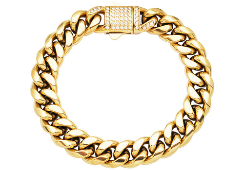 Men's 12mm Gold Stainless Steel Miami Cuban Link Chain Bracelet With CZ Box Clasp