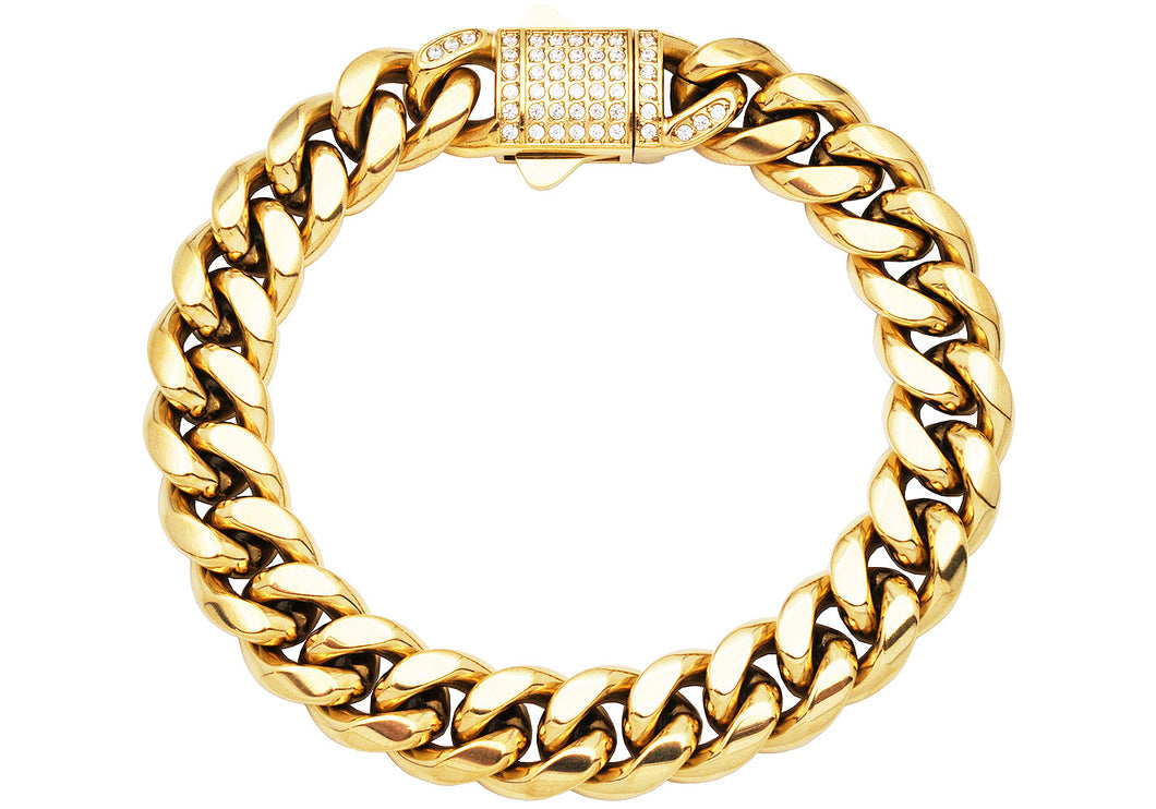 Men's 12mm Gold Stainless Steel Miami Cuban Link Chain Bracelet With CZ Box Clasp