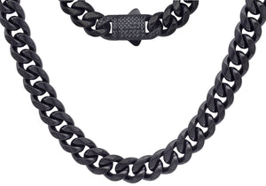 Men's 12mm Black Stainless Steel Miami Cuban Link Chain Necklace With Black CZ Box Clasp