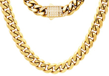 Load image into Gallery viewer, Men&#39;s 12mm Gold Stainless Steel Miami Cuban Link Chain Necklace With CZ Box Clasp
