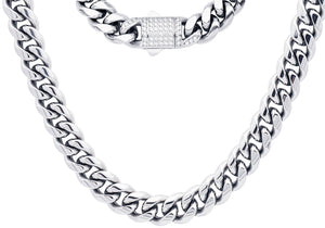 Men's 12mm Stainless Steel Miami Cuban Link Chain Necklace With CZ Box Clasp