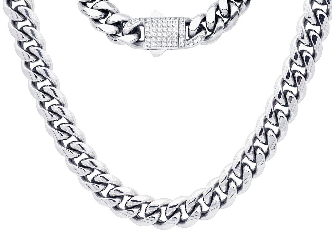 Men's 12mm Stainless Steel Miami Cuban Link Chain Necklace With CZ Box Clasp