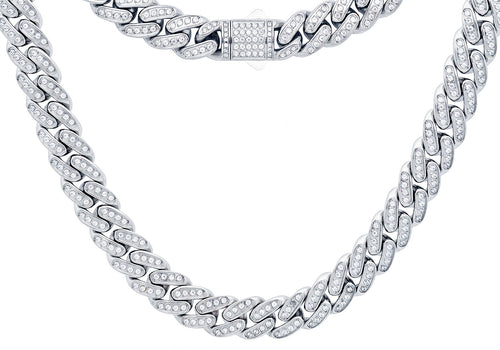 Men's 12mm Stainless Steel Miami Cuban Link Chain Necklace With Box Clasp and CZ Links