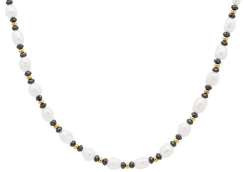 Mens 6MM Baroque Pearl Stainless Steel Necklace With Gold Beads