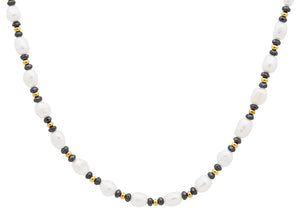 Mens 6MM Baroque Pearl Stainless Steel Necklace With Gold Beads