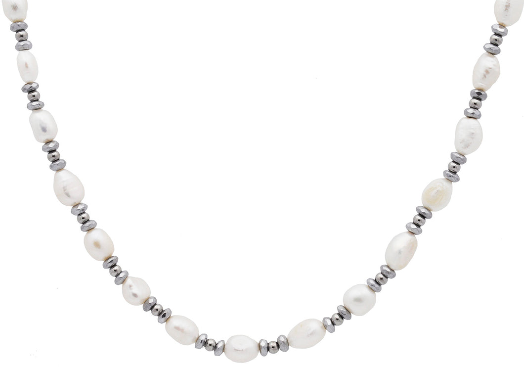 Mens 6MM Baroque Pearl Stainless Steel Necklace