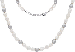 Mens 6MM Baroque Pearl Stainless Steel Necklace