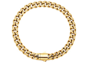 Mens 8mm Gold Plated Stainless Steel Curb Link Bracelet with Box Clasp and Cubic Zirconia