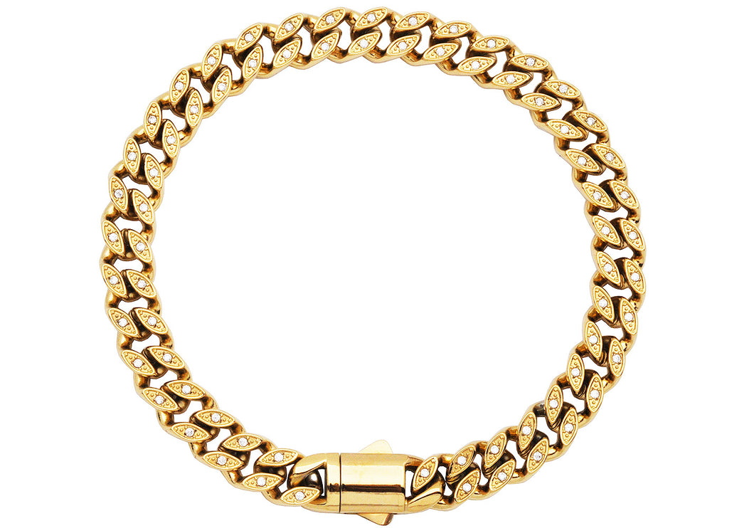 Mens 8mm Gold Plated Stainless Steel Curb Link Bracelet with Box Clasp and Cubic Zirconia