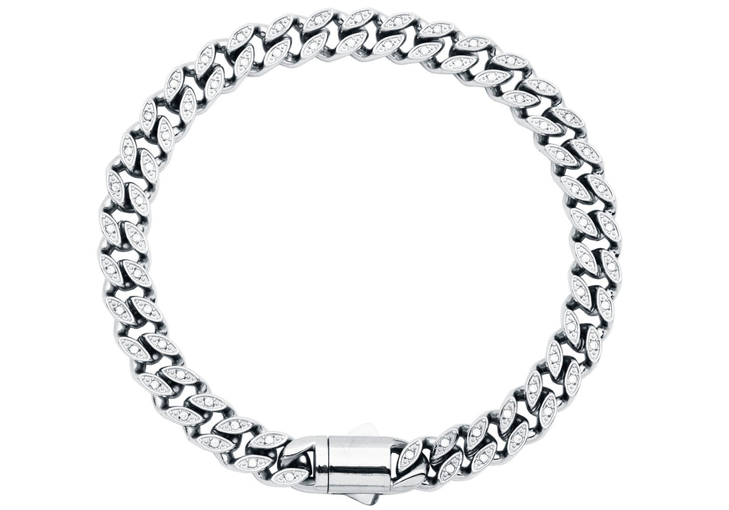 Mens 8mm Stainless Steel Curb Link Bracelet with Box Clasp and Cubic Zirconia