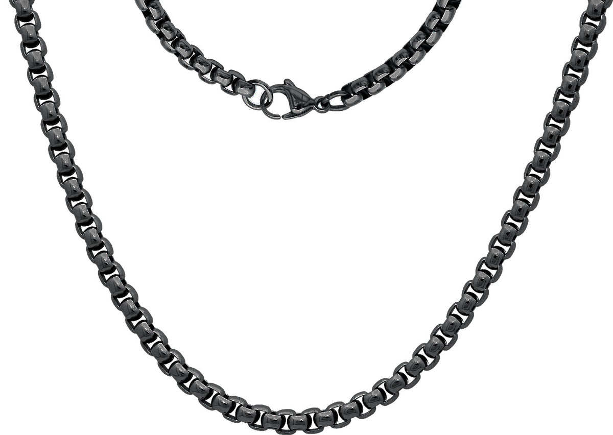 Mens 5mm Black Stainless Steel Round Box Link Chain Necklace