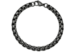 Mens 7mm Black Stainless Steel Round Box Link Chain Bracelet
