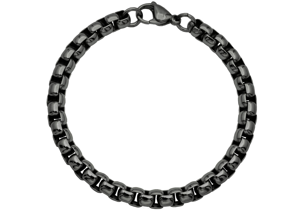 Mens 7mm Black Stainless Steel Round Box Link Chain Bracelet