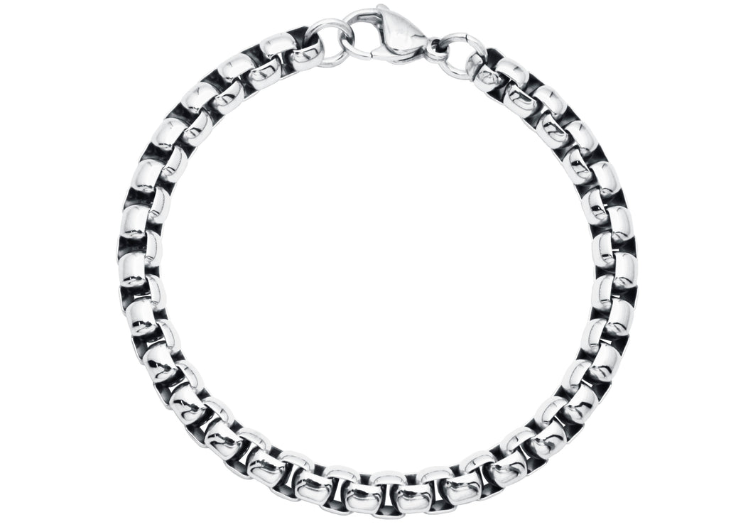 Mens 7mm Stainless Steel Round Box Link Chain Bracelet