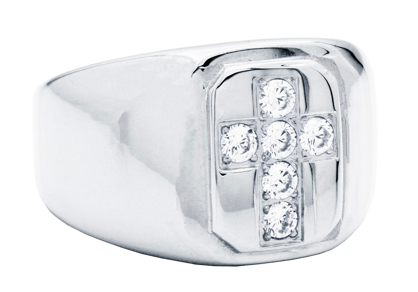 Mens Stainless Steel Cross Ring WIth Cubic Zirconia
