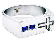 Load image into Gallery viewer, Men&#39;s Stainless Steel Sideways Cross Ring With Blue Cubic Zirconia
