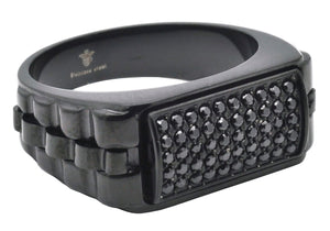 Mens Black Stainless Steel Signet Ring With Black Cubic Zirconia