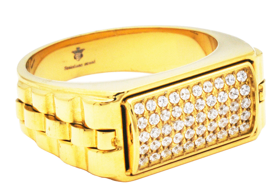 Mens Gold Plated Stainless Steel Signet Ring With  Cubic Zirconia