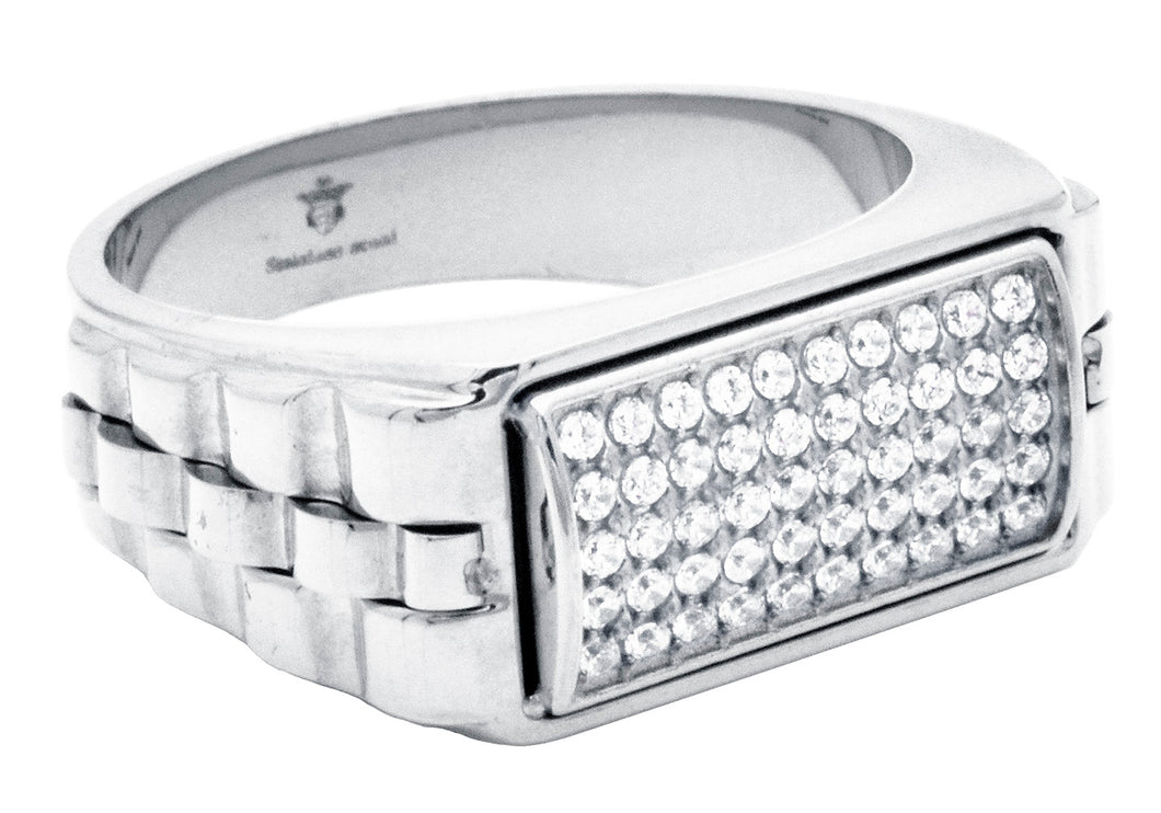 Mens Stainless Steel Signet Ring With  Cubic Zirconia