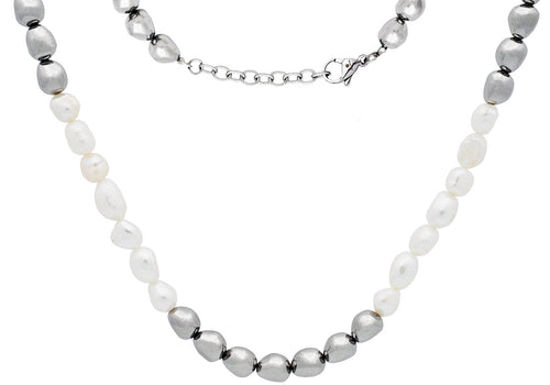 Men's 6mm Baroque Pearl Stainless Steel Necklace w/ Extension Clasp - Blackjack Jewelry