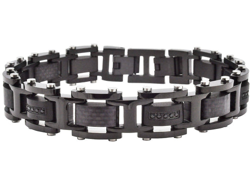 Blackjack Jewelry - Men's Black Stainless Steel Bracelet With Black Carbon Fiber And Cubic Zirconia
