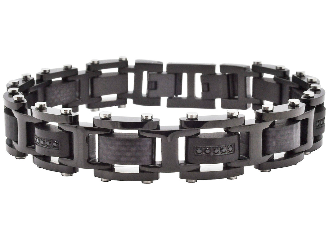 Blackjack Jewelry - Men's Black Stainless Steel Bracelet With Black Carbon Fiber And Cubic Zirconia
