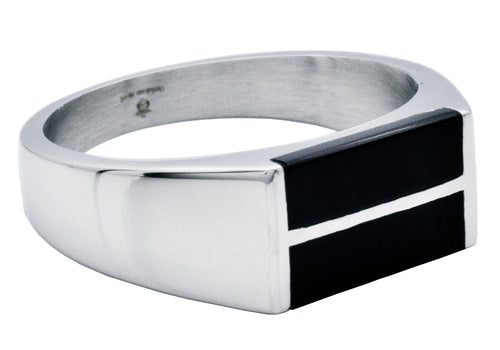 Blackjack Jewelry - Men's Stainless Steel Bar Ring With Genuine Onyx Stones