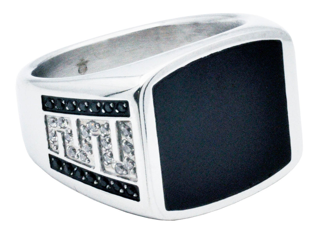 Blackjack Jewelry - Men's Stainless Steel Square Onyx Ring With Black & White Cubic Zirconia