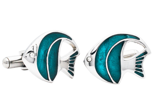 Men's Tropical Fish Stainless Steel Cuff Links w/ Cubic Zirconia - Blackjack Jewelry