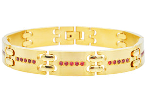 Mens Gold Stainless Steel Bracelet With Red Cubic Zirconia - Blackjack Jewelry