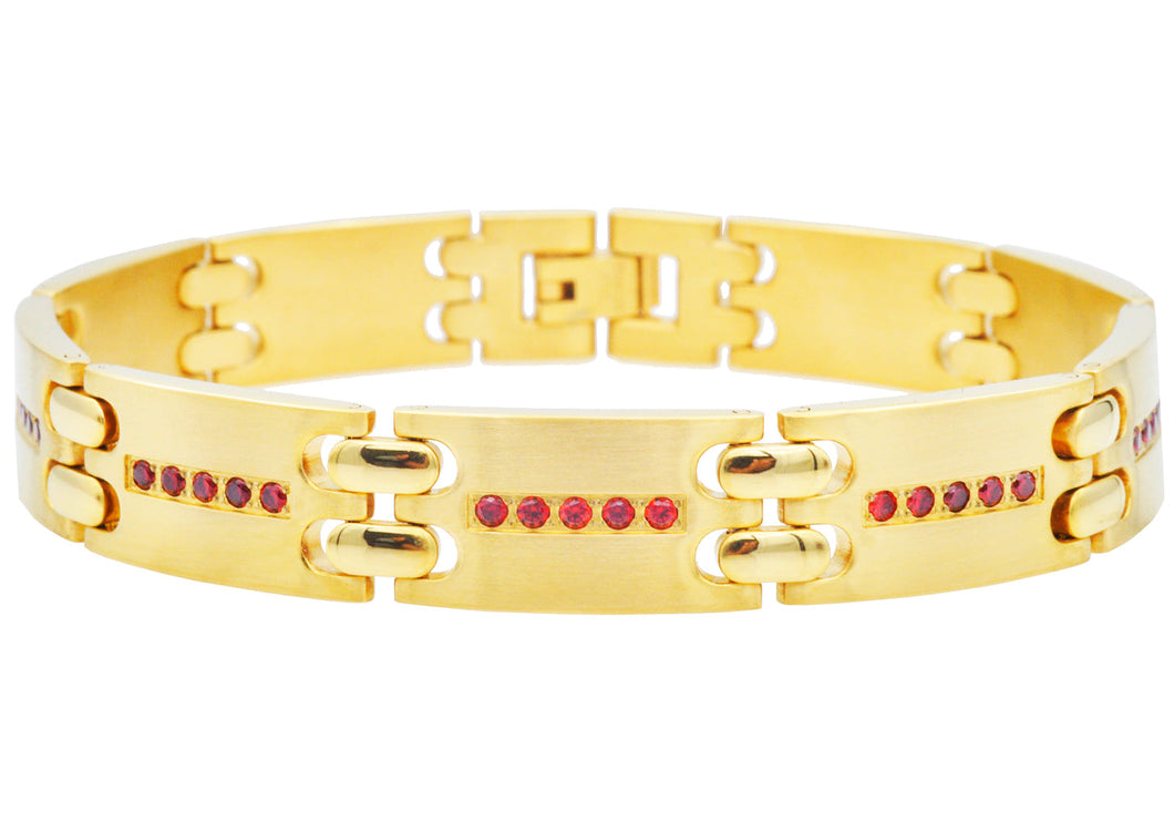 Mens Gold Stainless Steel Bracelet With Red Cubic Zirconia - Blackjack Jewelry