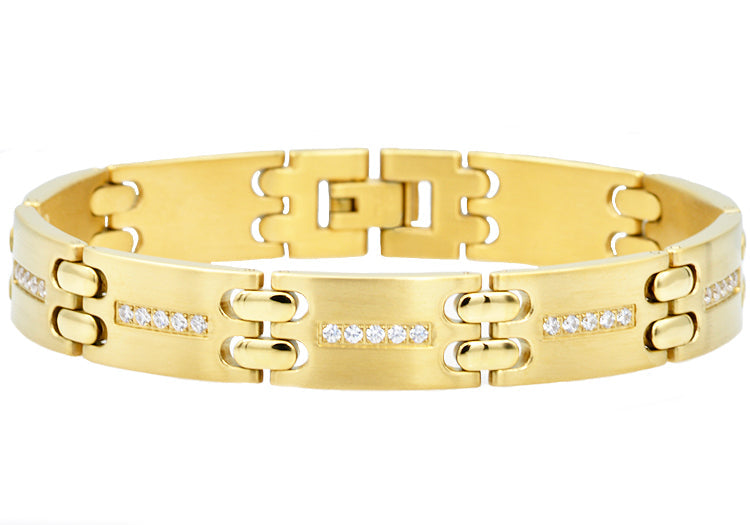 Mens Gold Stainless Steel Bracelet With Cubic Zirconia - Blackjack Jewelry