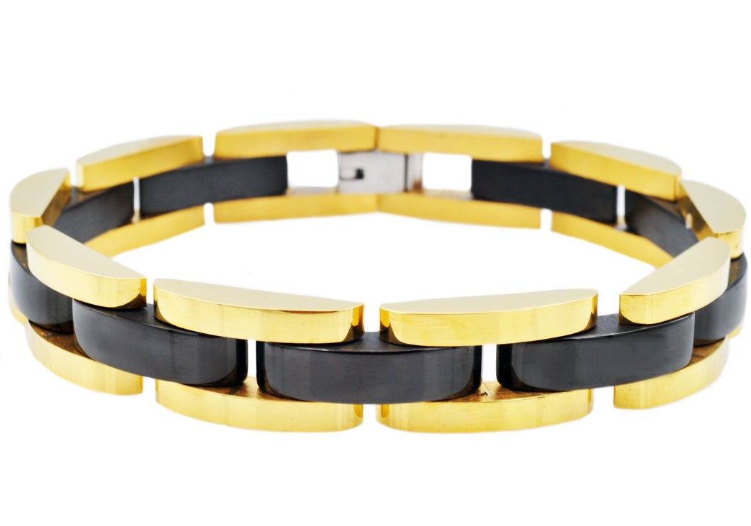 Mens Gold And Black Stainless Steel Curved Link Bracelet - Blackjack Jewelry