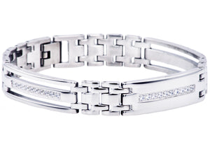 Mens Stainless Steel Link Bracelet With Cubic Zirconia - Blackjack Jewelry
