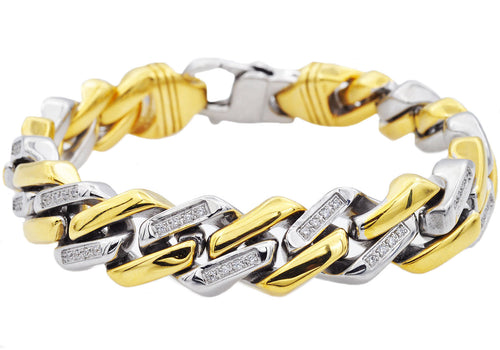 Mens Gold Stainless Steel Bracelet With Cubic Zirconia - Blackjack Jewelry