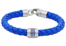 Load image into Gallery viewer, Mens Blue Leather Stainless Steel Bracelet With Blue Cubic Zirconia - Blackjack Jewelry

