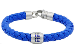 Mens Blue Leather Stainless Steel Bracelet With Blue Cubic Zirconia - Blackjack Jewelry