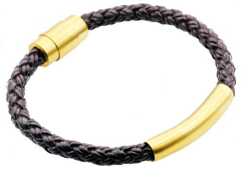 Mens Gold Stainless Steel Brown Leather Bracelet - Blackjack Jewelry