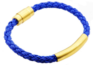 Mens Gold Stainless Steel Blue Leather Bracelet - Blackjack Jewelry