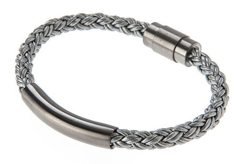 Men's Black Leather and Steel Braided Bracelet - CladdaghRings.com