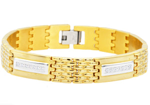 Mens Gold Stainless Steel Bracelet With Cubic Zirconia - Blackjack Jewelry