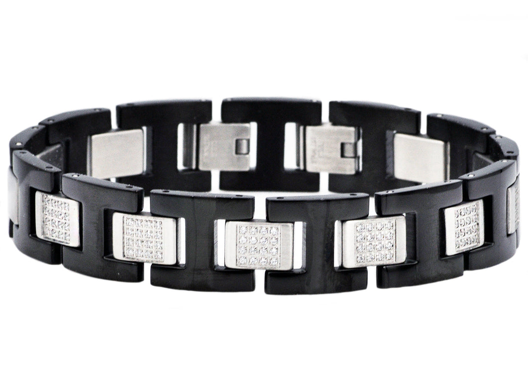 Mens Black Stainless Steel Bracelet with Cubic Zirconia With Double Clasp - Blackjack Jewelry