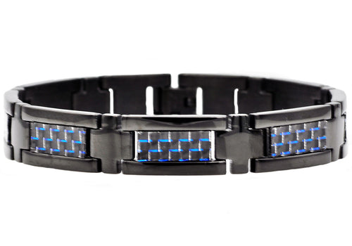 Mens Black Stainless Steel Bracelet With Black And Blue Carbon Fiber - Blackjack Jewelry