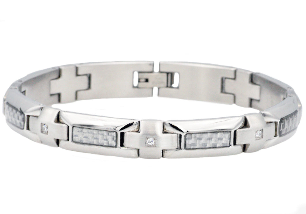 Mens Stainless Steel Bracelet With Cubic Zirconia And White Carbon Fiber - Blackjack Jewelry