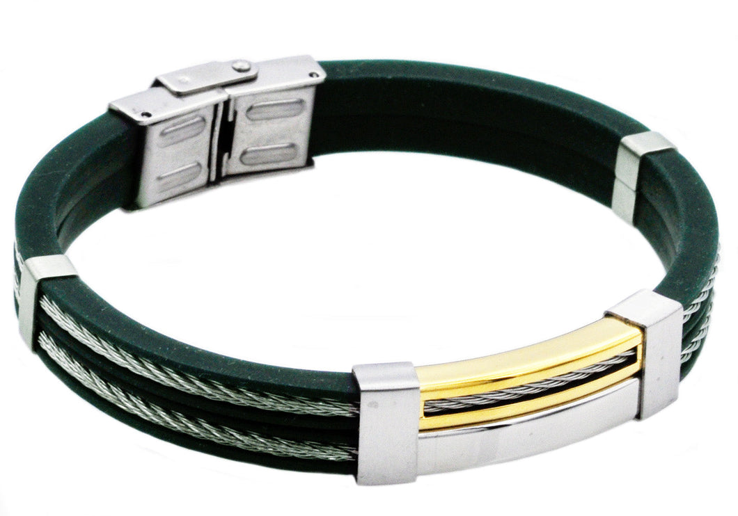 Mens Green Silicone 18k Gold Plated Stainless Steel Wire Bangle Bracelet - Blackjack Jewelry