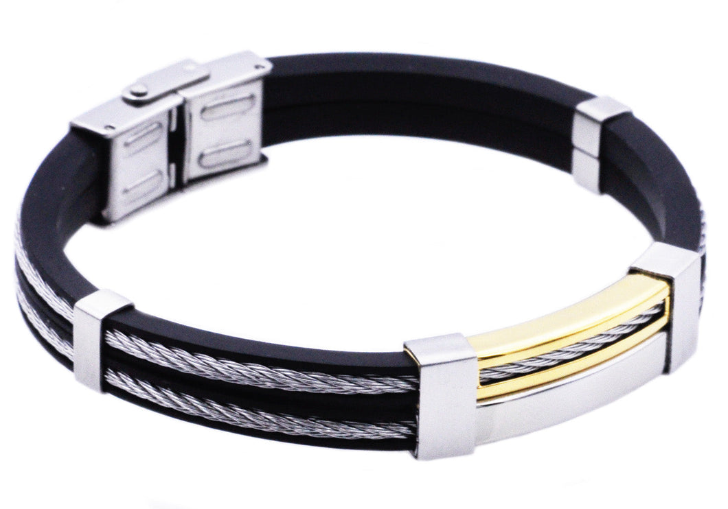 Mens Black Silicone Gold Stainless Steel Wire Bangle Bracelet - Blackjack Jewelry