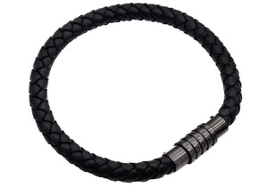 Mens Black Leather And Black Plated Stainless Steel Bracelet