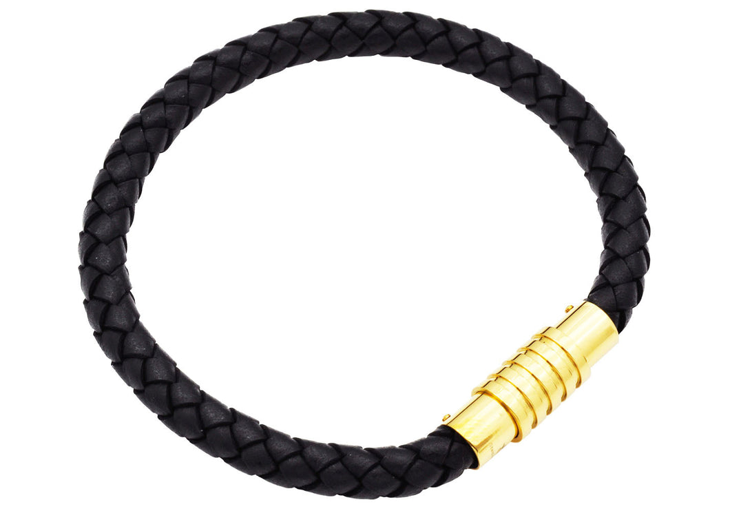 Mens Black Leather And Gold Plated Stainless Steel Bracelet
